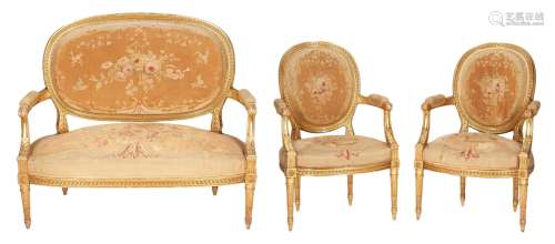 Louis XVI Style Gilt Carved Settee & 2 Arm Chairs
