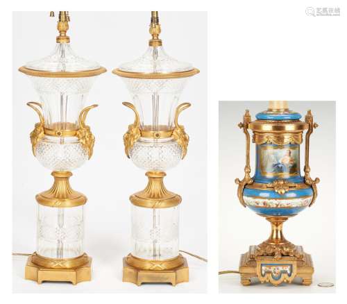 Pair Baccarat Style Crystal Lamps plus Sevres Style Lamp