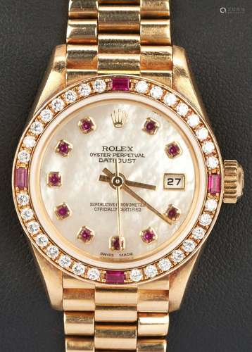 Ladies 18K Rolex Watch w/ Diamond & Ruby Bezel