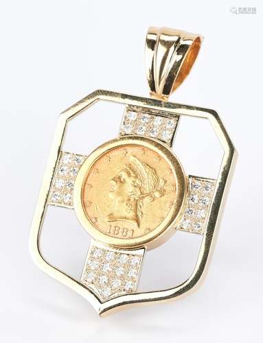 18K pendant with 1881 Ten Dollar Gold Coin and Diamonds