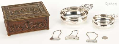 Bronze Box, 2 Sterling Porringers and 3 Liquor Tags