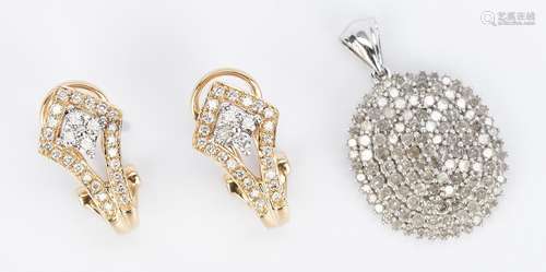 14K Art Deco Style Diamond Earrings & Pave Diamond Pendant, 3 items