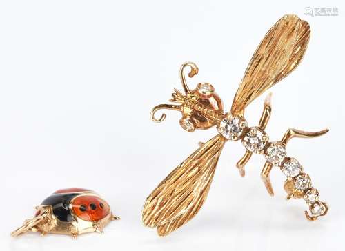 2 Ladies 14K Diamond Pins Dragonfly & Ladybug