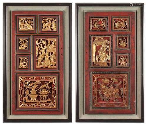 Pr. Chinese Red & Gilt Carved Cabinet Doors