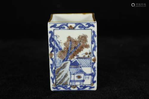 A Chinese Iron-Red Glazed Blue and White Porcelain Square Brush Pot