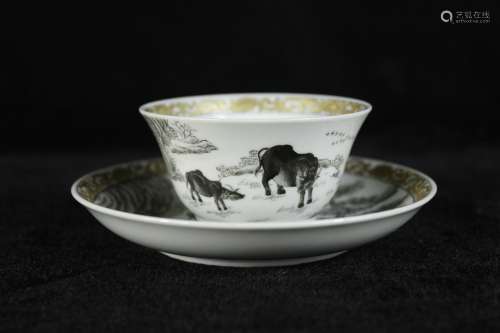 A Chinese Mo-Cai Glazed Porcelain Cup with Saucer