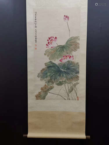 A CHINESE LOTUS PAINTING , WU HUFAN MARK