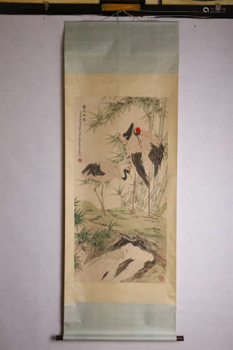 A CHINESE RED-CROWNED CRANE PAINTING SCROLL, YU JIGAO MARK