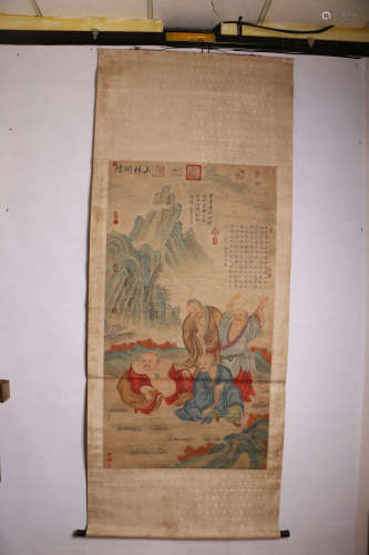 A CHINESE FIGURE PAINTING SCROLL, WEN JIA MARK