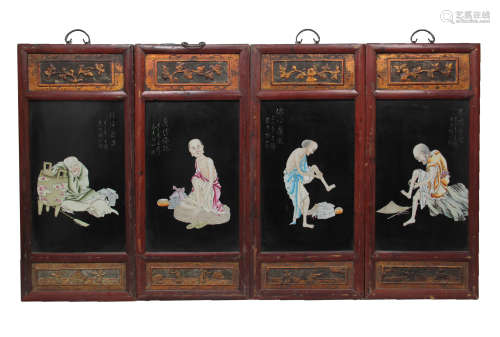 4 CHINESE BLACK FAMILLE ROSE PORCELAIN PLATE PAINTING SCREENS, WANG QI MARK
