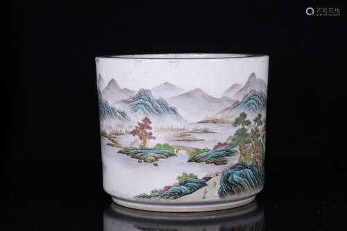 WANG YETING: FAMILLE ROSE 'LANDSCAPE SCENERY' BRUSH POT