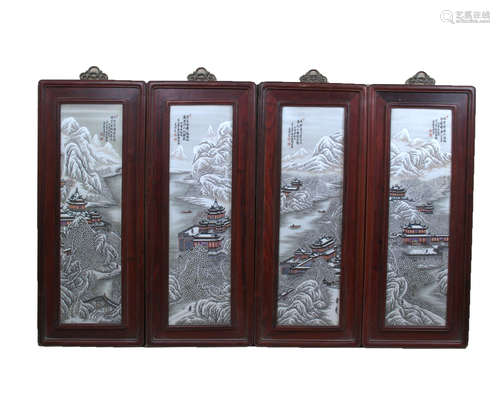 4 CHINESE SNOW-COVERED LANDSCAPE HANGING SCREENS WITH ROOSEWOOD FRAME, HE XUREN MARK