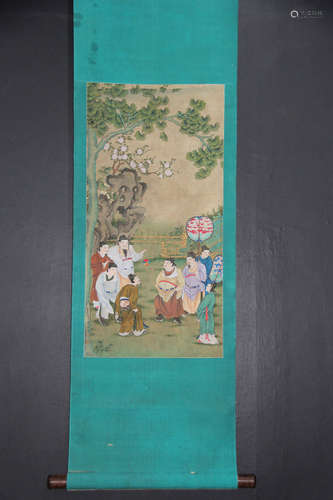 A CHINESE FIGURE PAINTING SILK SCROLL, QIU YING MARK