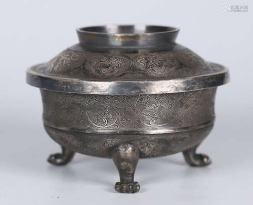 A SILVER CENSER WITH FLOWER&BIRD PATTERN