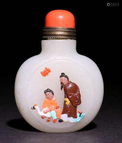 A HETIAN JADE CARVED SNUFF BOTTLE EMBEDED WITH GEMS