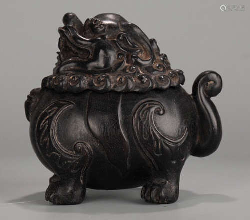 A ZITAN WOOD CENSER CARVED WITH LION