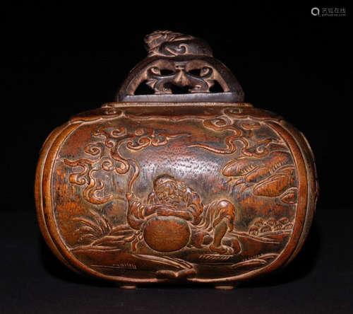 A CHENXIANG WOOD CENSER CARVED WITH 8 FIGURES