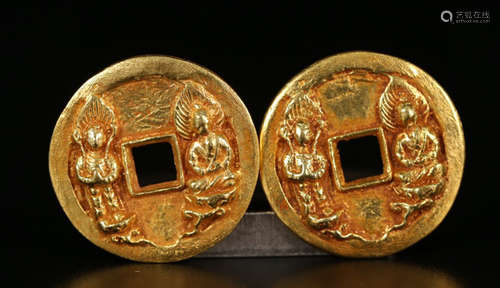 TWO GOLD COIN WITH BUDDHA PATTERN