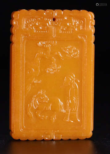 A YELLOW JADE TABLET CARVED WITH STORY PATTERN