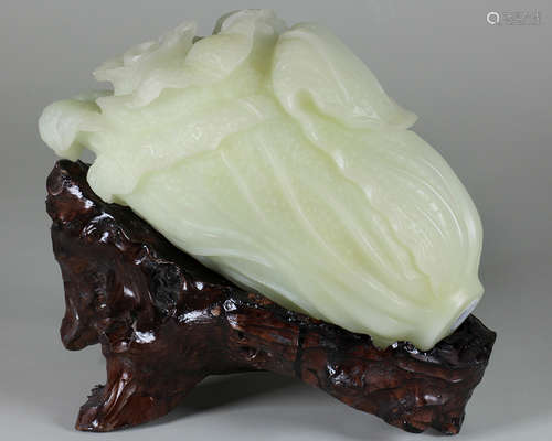 A WHITE JADEITE CARVED BOK CHOI ORNAMENT