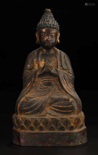 A COPPER PAINTED WITH GOLD SAKYAMUNI BUDDHA