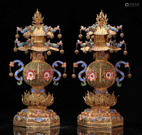 PAIR OF AN OLD GILT SILVER STUPA WITH FILIGREE