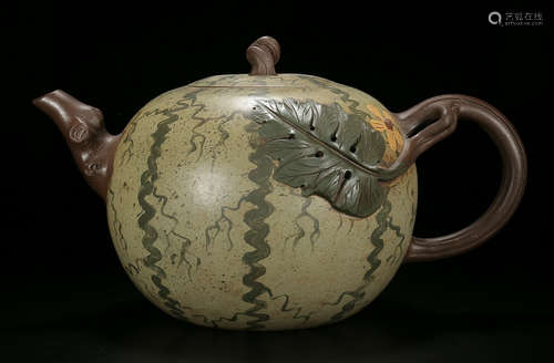 A ZISHA POT CARVED WITH WATERMELON