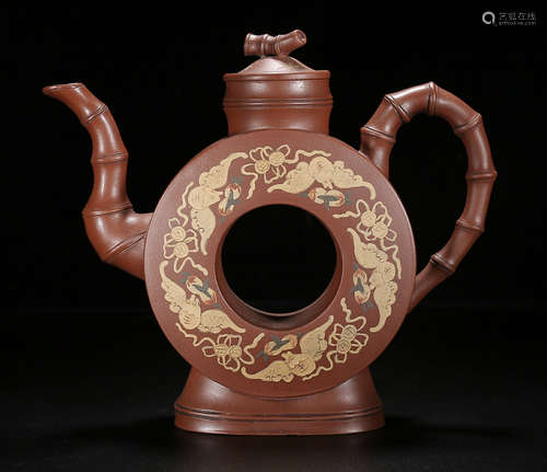 A ZISHA MOON FLASK POT CARVED WITH AUSPICIOUS PATTERN