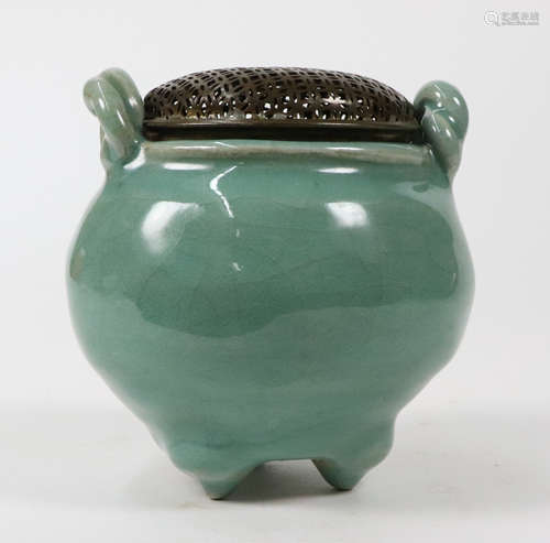 A BLUE GLAZE CENSER WITH INC PATTERN