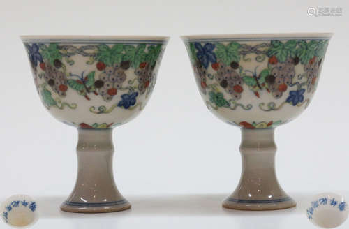 PAIR OF GRAPE PATTERN CHENGHUA MARK STEM CUPS