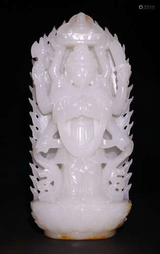 A HETIAN JADE CARVED GUANYIN BUDDHA WITH MULTIPLE HANDS