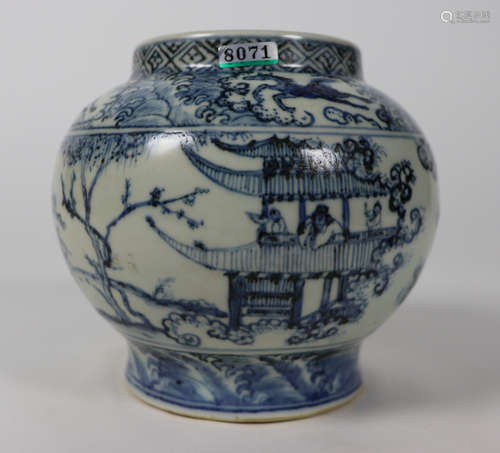 A BLUE AND WHITE JAR PAINTER WITH DRAGON PATTERN