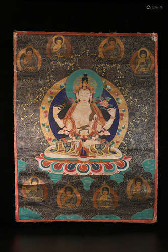 A QING DYNASTY FOUR ARMS GUANYIN BUDDHA PATTERN THANGKA