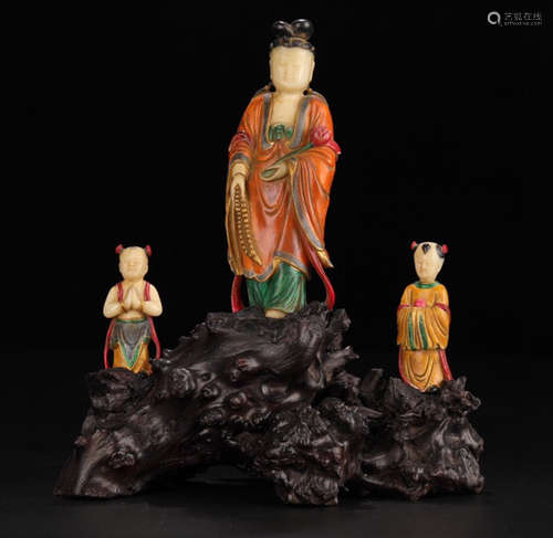 SET OF FURONG STONE GUANYIN BUDDHA AND FIGURE