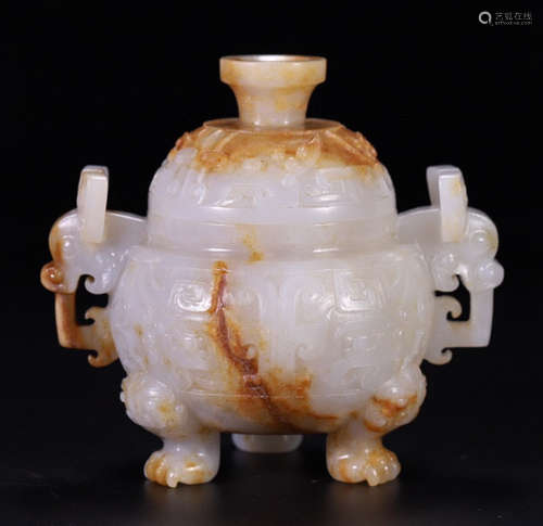 AN OLD HETIAN JADE CENSER WITH EARS