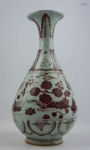 A RED UNDERGLAZED BIRDS PEAR SHAPED VASE