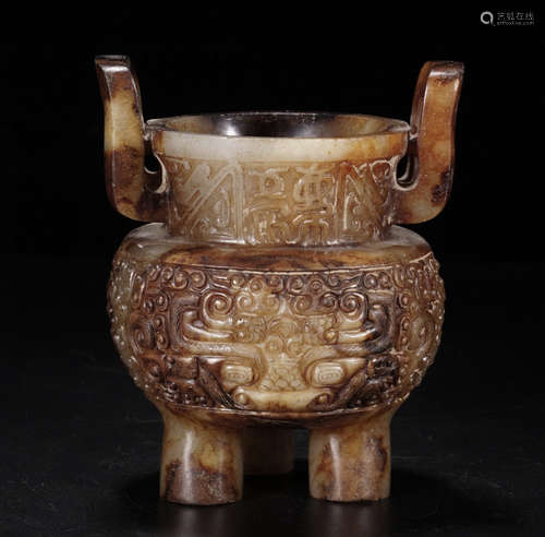 A HETIAN JADE TRIPOD CENSER CARVED WITH BEAST