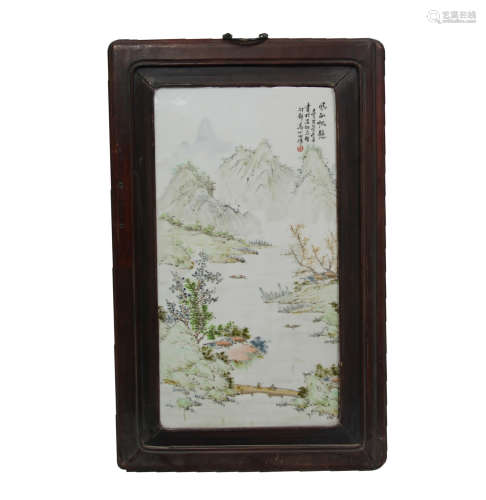 A CHINESE FAMILLE ROSE LANDSCAPE PORCELAIN PLATE PAINTING SCREEN, GAO XINTIAN MARK