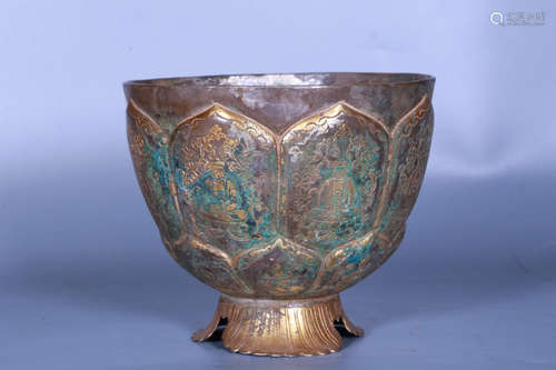 GILT SILVER AND CAST 'BODHISATTVA' LOTUS BOWL