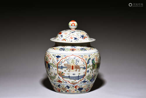 WUCAI 'MYTHICAL ANIMALS' JAR WITH COVER