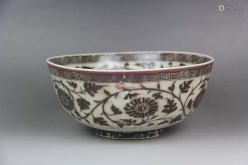 A CHINESE UNDERGLAZED RED TWINE PATTERN PORCELAIN BOWL