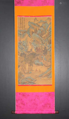 A CHINESE LANDSCAPE PAINTING SILK SCROLL, TANG YIN MARK