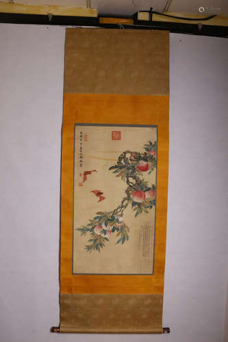 A CHINESE PEACH PAINTING SCROLL, CI XI MARK