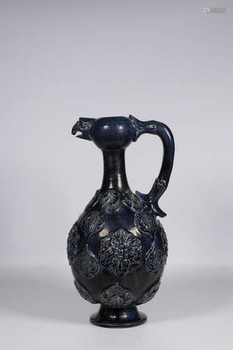 BLUE GLAZED AND CARVED 'FLOWERS' EWER WITH CHICKEN HEAD DESIGN