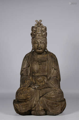 WOOD CARVED SEATED BODHISATTVA FIGURE