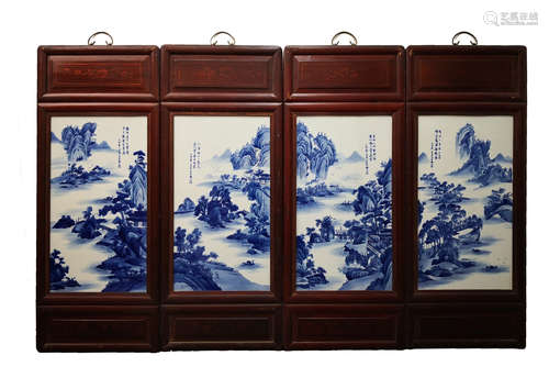 4 CHINESE BLUE&WHITE LANDSCAPE PORCELAIN PLATE PAINTING SCREENS,