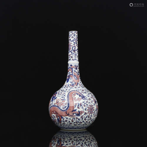 A Chinese Blue and White Underglazed Red Dragon Pattern Porcelain Flask