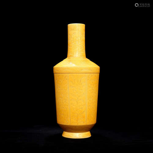 A Chinese Yellow Glazed Carved Floral Porcelain Vase