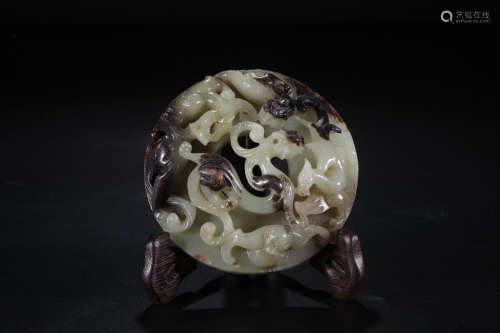 A Chinese Dragon Carved Hetian Jade Bi Ornament