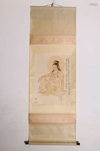 A Chinese Arya Avalokiteshvara Painting Scroll, Zhang Daqian Mark